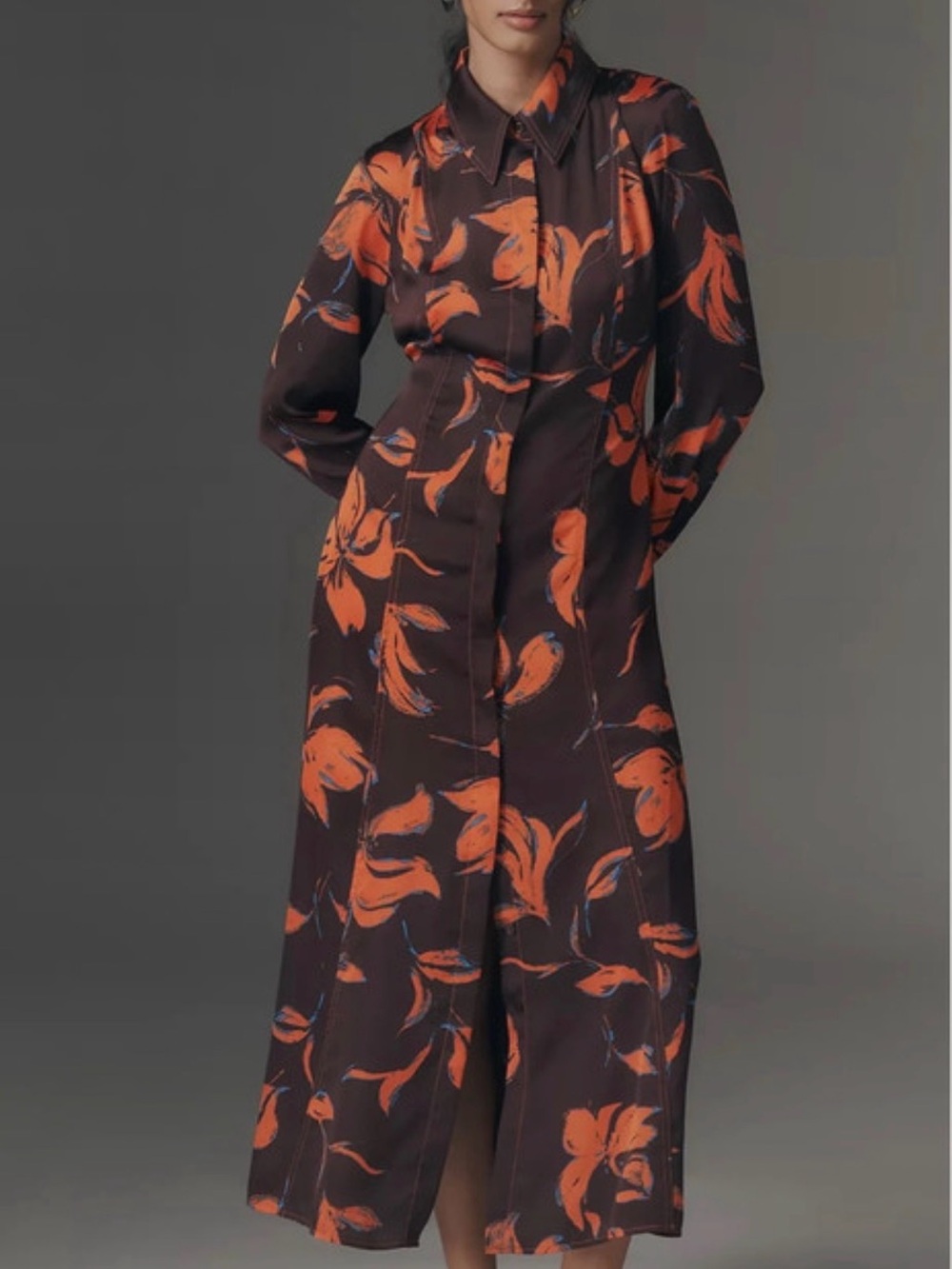 Women's Anthropologie Long Shirt Dress in Dark Brown with Orange Floral Print